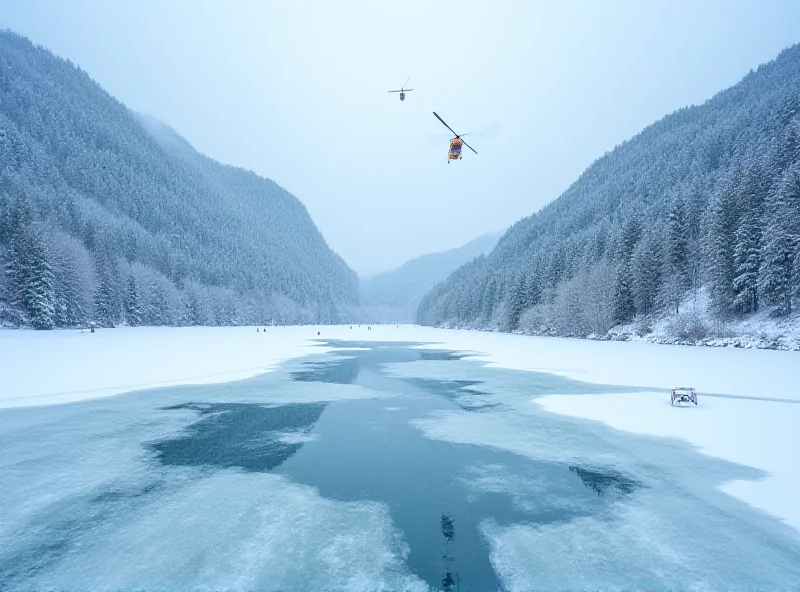 A frozen lake with a hole in the ice and rescue helicopters flying overhead