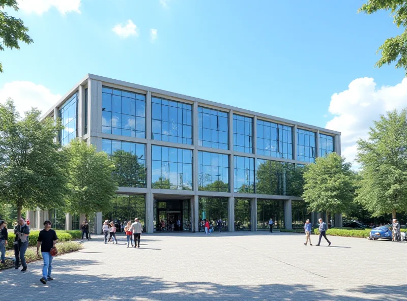 Exterior view of a German courthouse on a sunny day, with a modern glass facade and flags flying in front. People are walking by, and the sky is blue with some clouds.