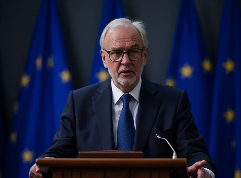 A serious Frans Timmermans giving a speech at a podium with EU flags in the background. He is wearing a suit and tie, and the lighting is professional. The atmosphere is formal and focused.