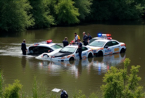 A car partially submerged in a lake, with emergency vehicles and personnel surrounding the scene