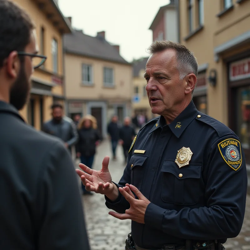 A police officer talking to a concerned citizen in a small town square.