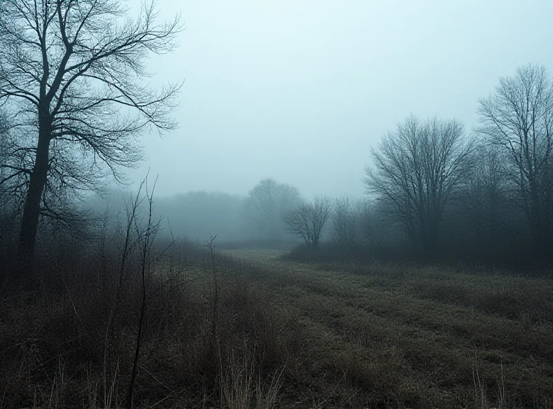 A somber landscape in a rural area, possibly the location where the body was found. Overcast sky, bare trees, and a sense of isolation.