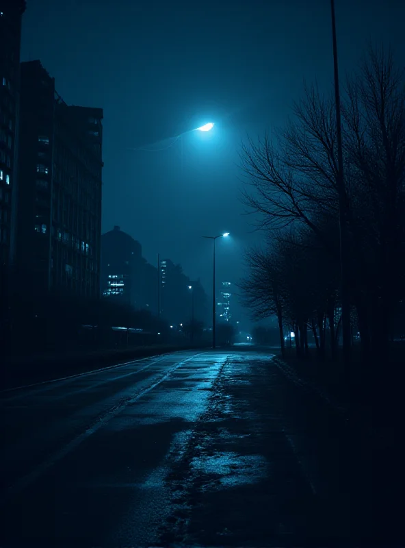 A digitally stylized image of the Warsaw skyline at night, with an overlay of police tape and a sense of unease and mystery.