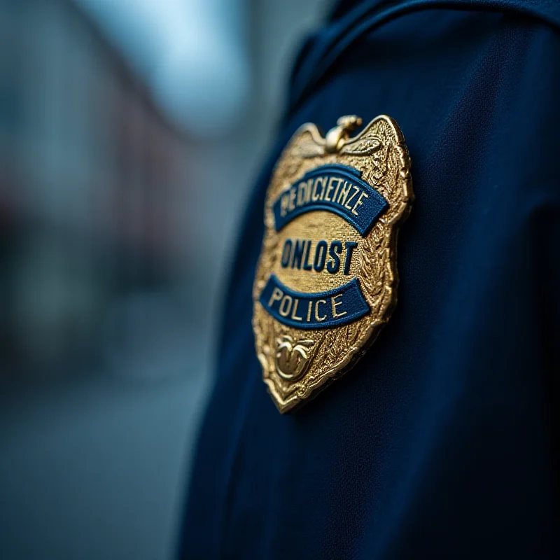 Close-up of police badge, blurred background of crime scene. Focus on the word 'Police', conveying a sense of official investigation.