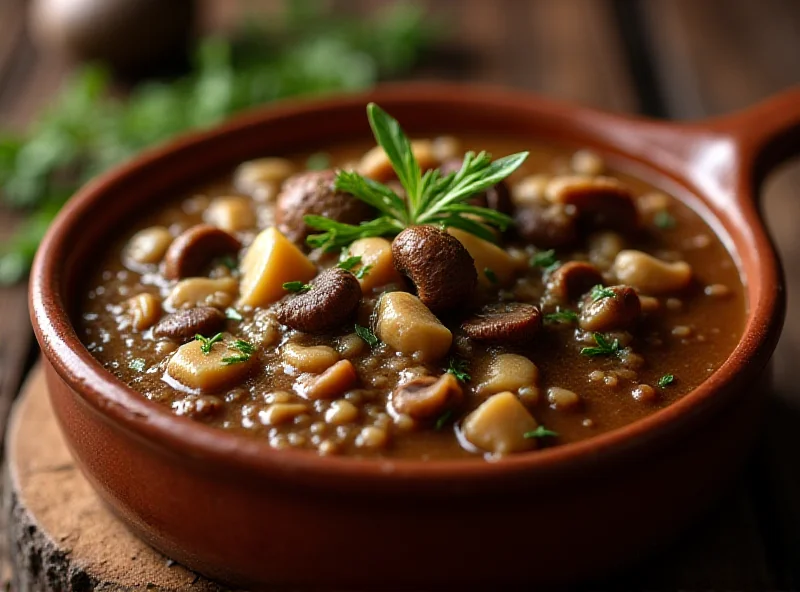 Close up shot of mushroom fricandó in a rustic bowl, garnished with herbs.