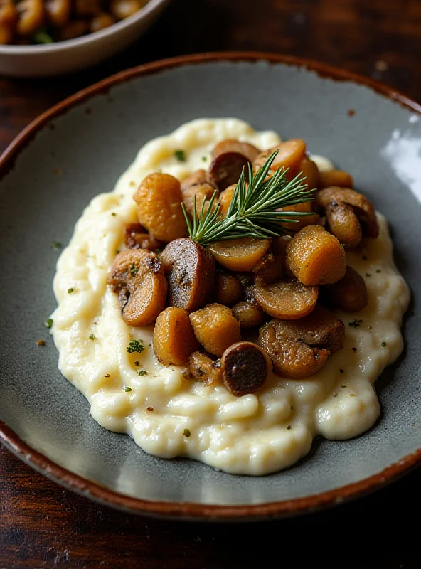 Overhead shot of a plate with mushroom fricandó and cauliflower puree, showing the textures and colors of the dish.