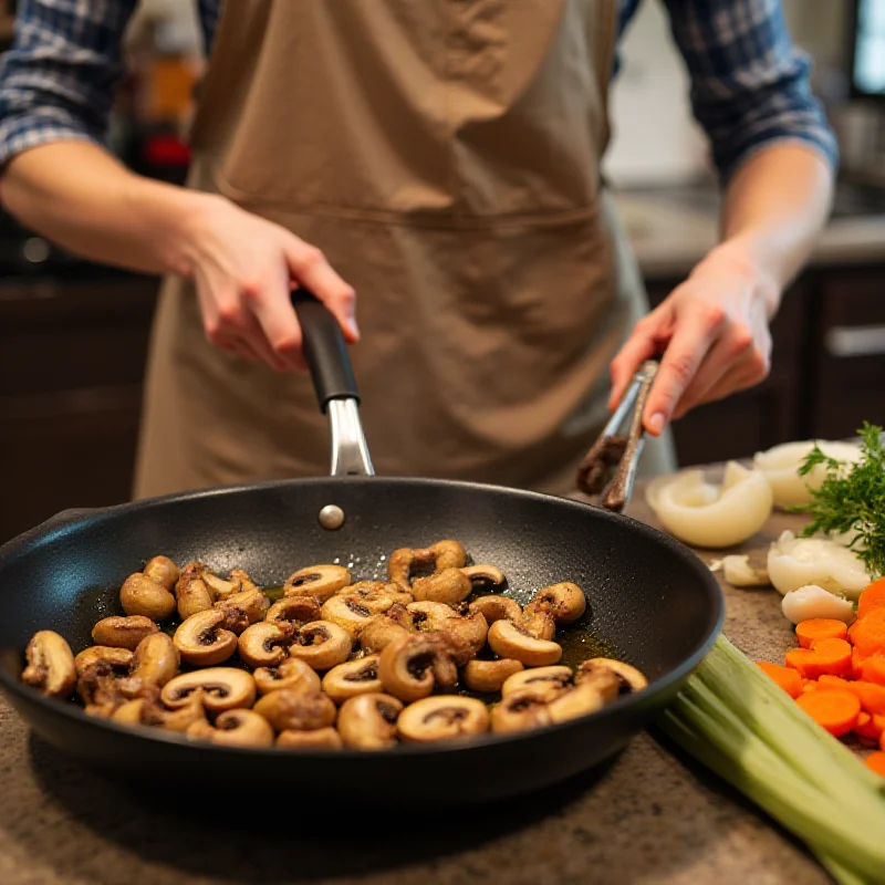 A person preparing mushroom fricandó in a kitchen, showing the ingredients and cooking process.