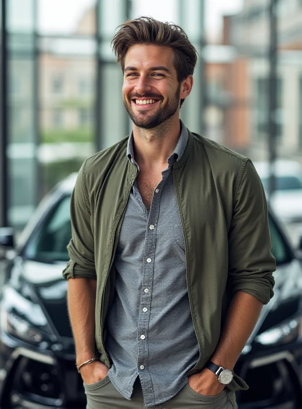 David Dobrik smiling confidently in front of a luxury car.