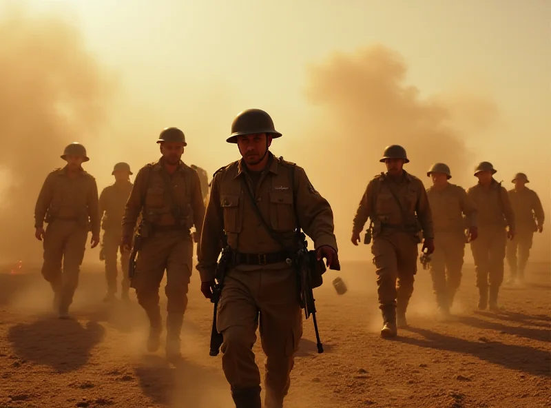 A scene from the TV show SAS Rogue Heroes, featuring soldiers in WWII era uniforms in a desert setting, with a hard rock song playing in the background