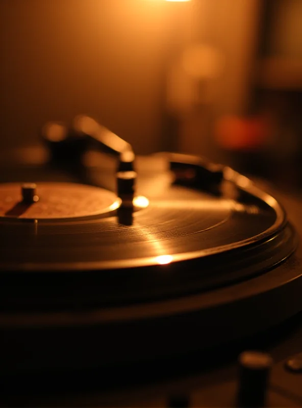 A close-up shot of a record player with a vinyl record spinning, bathed in warm light, symbolizing the importance of music in storytelling