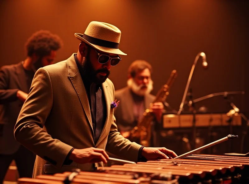 Roy Ayers performing on vibraphone with a band in the background.