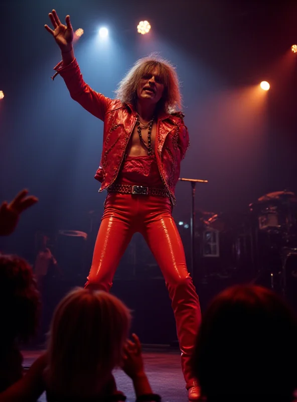 David Johansen of the New York Dolls in full glam rock attire, performing on stage.