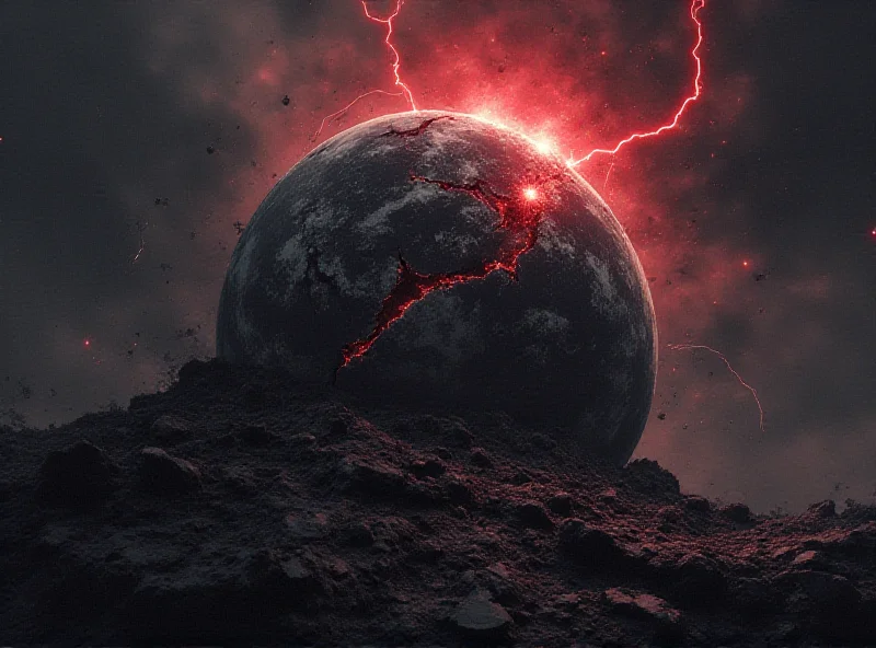 A dramatic illustration depicting the Earth cracking and breaking apart, with dark clouds and lightning in the background.