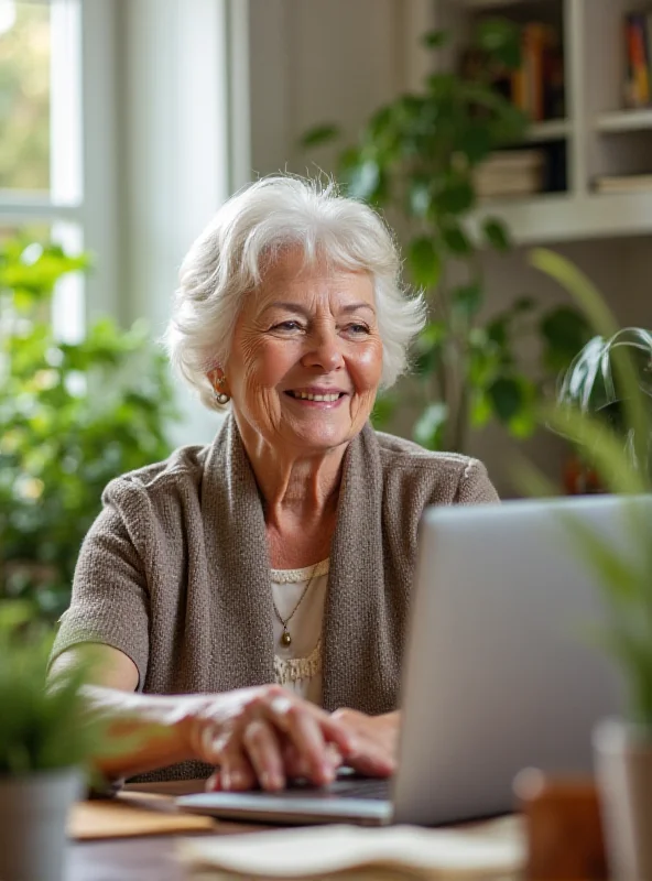 A senior citizen happily using a laptop, representing retirement and Social Security.