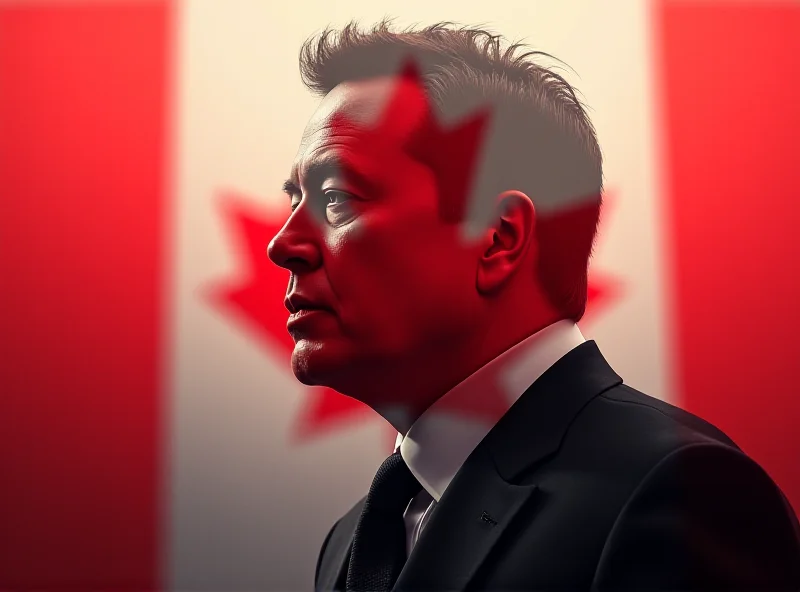 Illustration of a Canadian flag with a silhouette of Elon Musk in the background, symbolizing the petition against his citizenship.