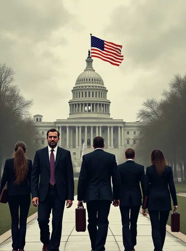 Illustration of a group of people walking away from a building with the American flag, symbolizing the collective resignation from the Commission for Government Efficiency.