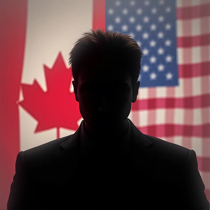 A split image: On one side, the Canadian flag; on the other, the American flag. In the center, a silhouette of Elon Musk, representing the controversies he faces in both countries.