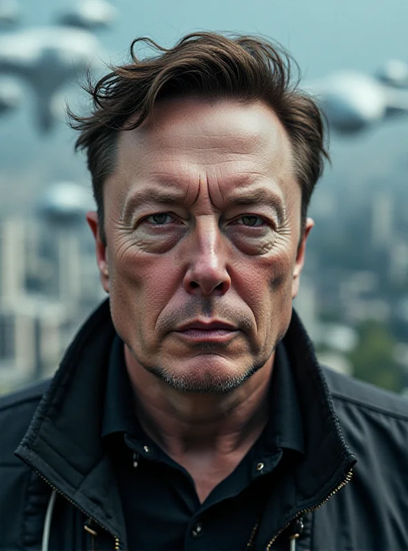 Close-up portrait of Elon Musk, serious expression, with a blurred background of a futuristic cityscape.