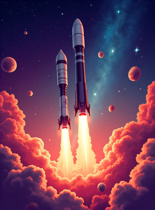 A stylized depiction of a rocket launch, incorporating elements of both Ariane 6 and Starship designs, against a vibrant nebula background.