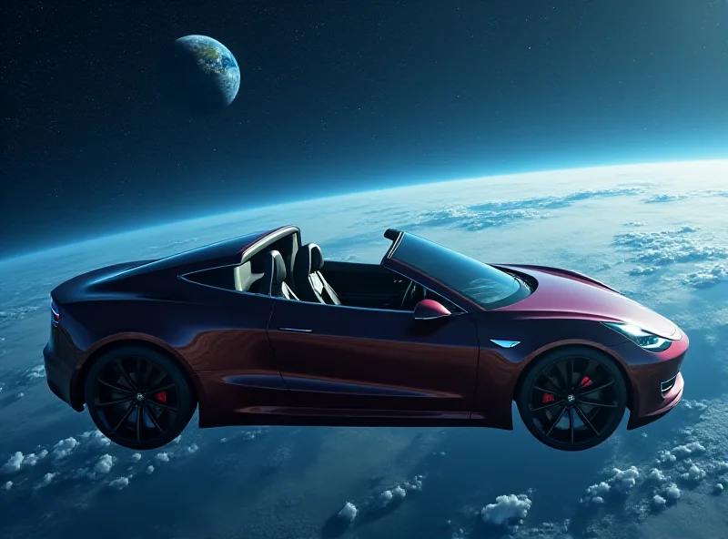 Tesla Roadster floating in space with Earth in the background