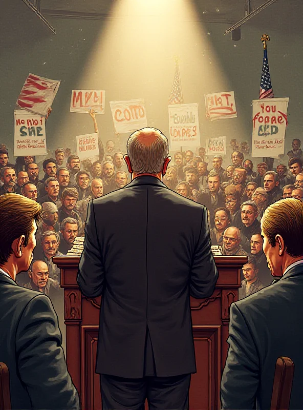 An illustration depicting a politician standing at a podium, being booed by a crowd of people holding signs with critical messages.