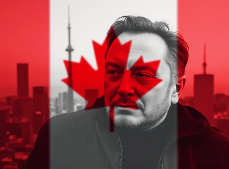 Illustration of a Canadian flag with Elon Musk's face superimposed, with a thumbs down icon.