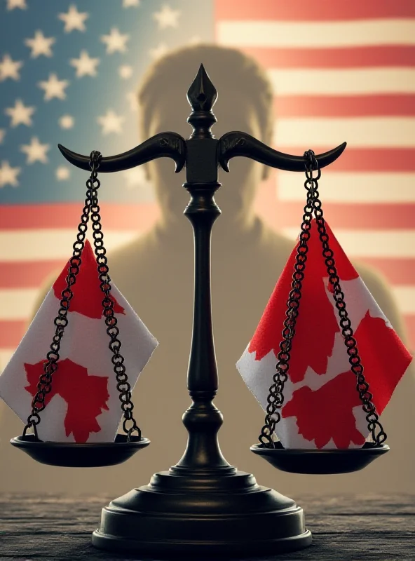 Illustration depicting scales of justice, with a Canadian flag on one side and an American flag on the other, and Elon Musk's silhouette in the background.