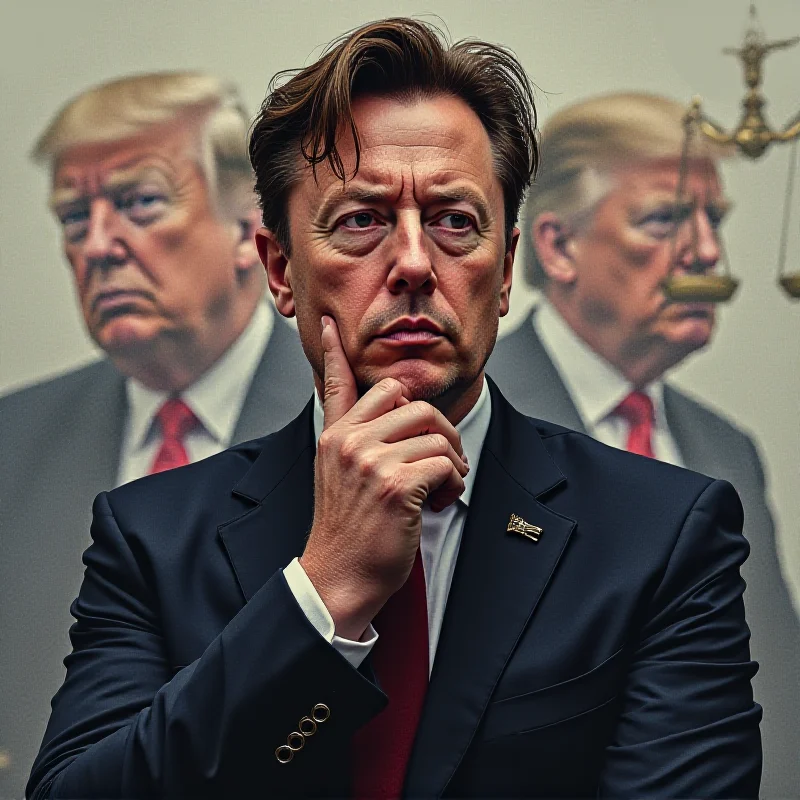 Digital illustration of Elon Musk looking thoughtful, with the scales of justice in the background, and faint images of Donald Trump and Derek Chauvin.