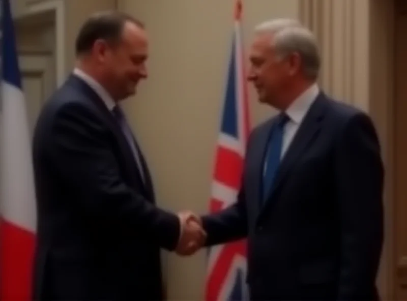 A handshake between two leaders representing France and the UK, with flags in the background.