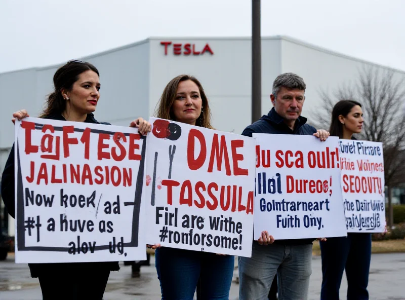 Protestors holding signs criticizing Elon Musk outside a Tesla factory.