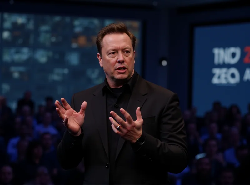 Elon Musk speaking at a conference, gesturing with his hands.