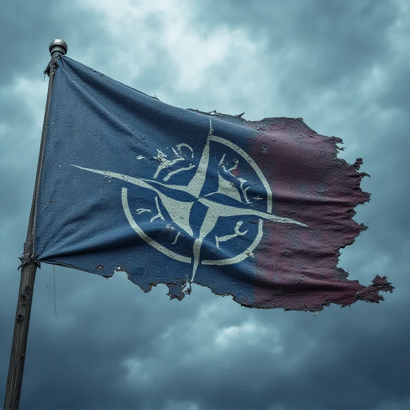 A conceptual image showing a crumbling NATO flag, symbolizing disintegration.