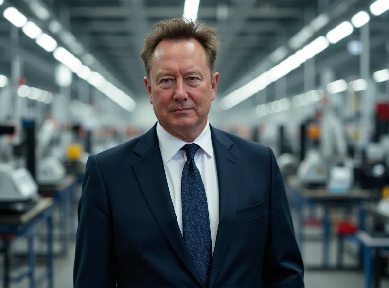 Elon Musk looking concerned in a Tesla factory.