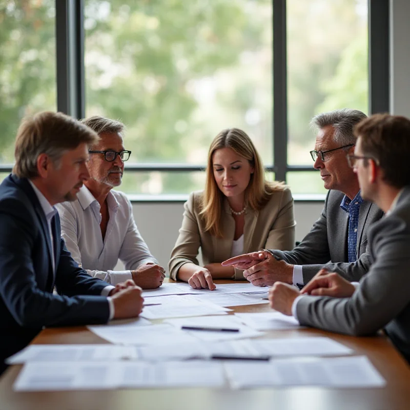 A family gathered around a table, reviewing financial documents with a professional advisor, symbolizing estate planning and wealth transfer.