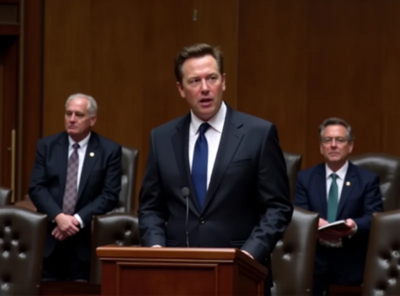 Elon Musk speaking at a podium in front of a group of Republican senators.