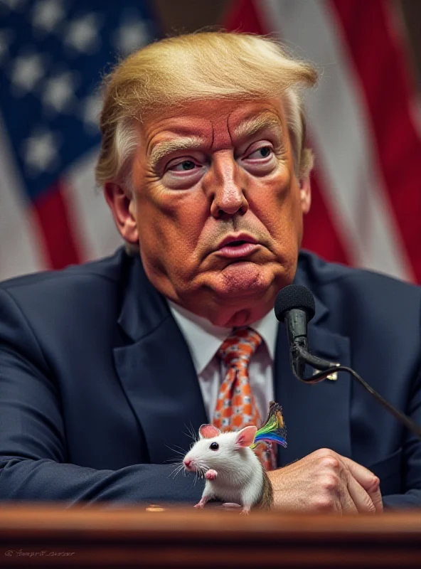 Image of Donald Trump addressing Congress with a small illustration of a mouse with rainbow colors.