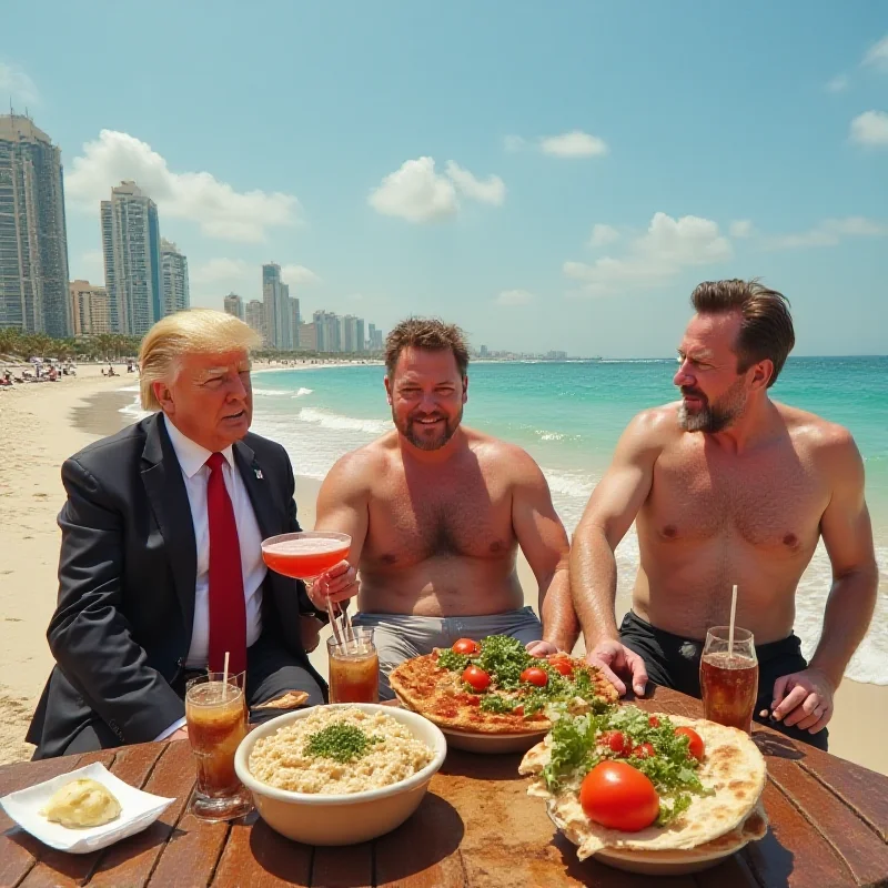 AI generated image of Donald Trump, Benjamin Netanyahu, and Elon Musk on a beach in Gaza.