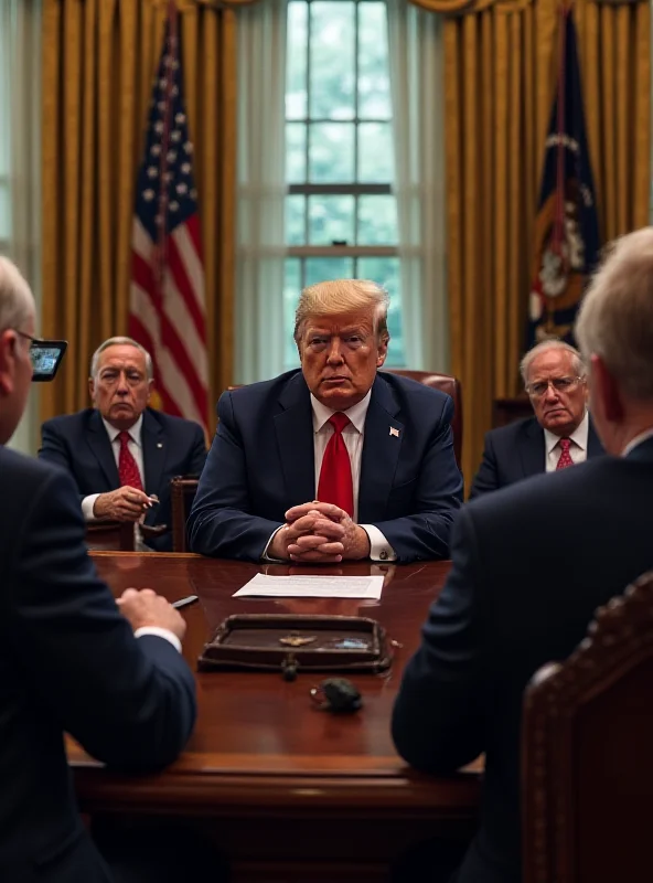 A digital rendering of Elon Musk advising Donald Trump in the Oval Office, with cabinet members looking on.