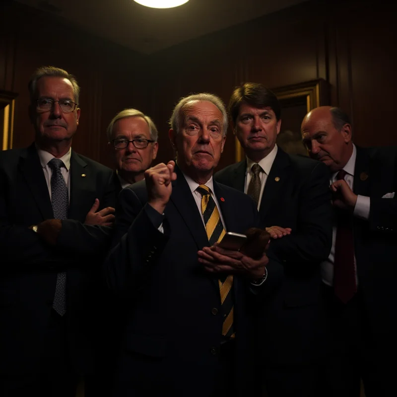 A group of Republican senators huddled together, looking secretive and holding smartphones.