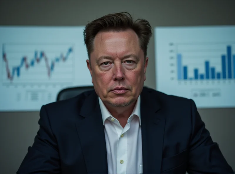 Elon Musk looking serious in a conference room setting, with charts and graphs visible in the background.