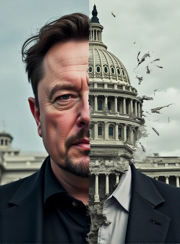 A split image showing Elon Musk on one side and a stylized representation of the US Capitol Building being dismantled on the other.