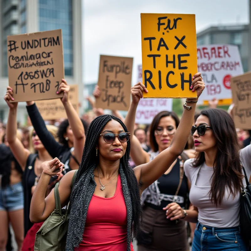 A protest scene with people holding signs advocating for economic equality and fair distribution of wealth. The signs feature phrases like 'Tax the Rich' and 'Economic Democracy Now!'