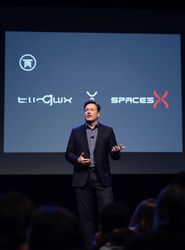 Image of Elon Musk giving a presentation, highlighting his involvement in various companies like Tesla, SpaceX, and X.