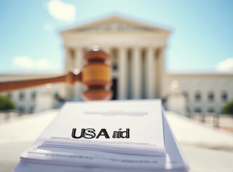 Illustration of the Supreme Court building with a gavel striking down on a document labeled 'USAid'