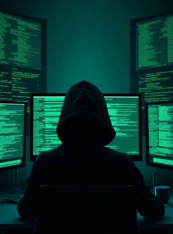 A digital illustration of a hacker wearing a hoodie in a dark room, with lines of code displayed on multiple monitors.