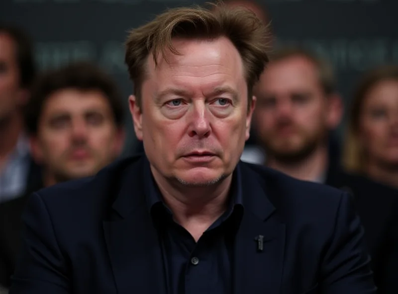 Elon Musk looking concerned during a press conference.