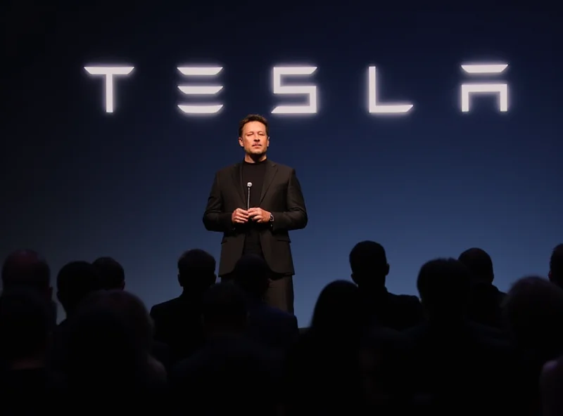 Elon Musk speaking at a conference with the Tesla logo in the background.