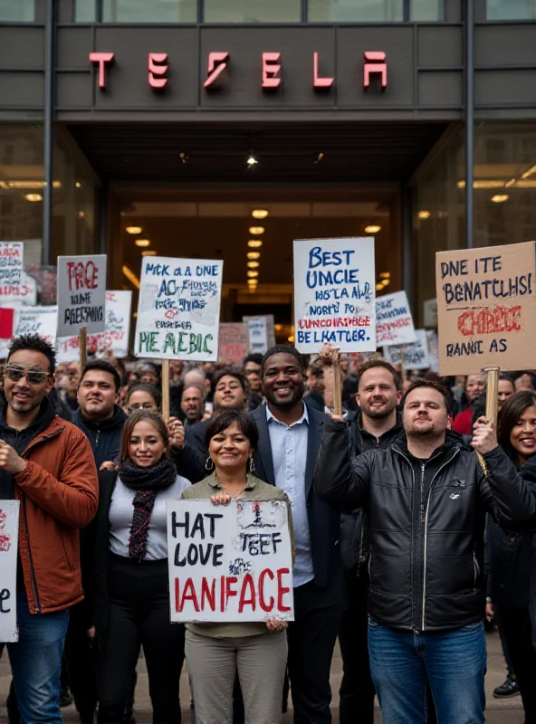 A group of people protesting in front of a Tesla store, holding signs with slogans against Elon Musk and Tesla.