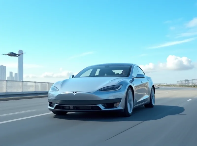 A Tesla car driving on a highway with a futuristic city skyline in the background.