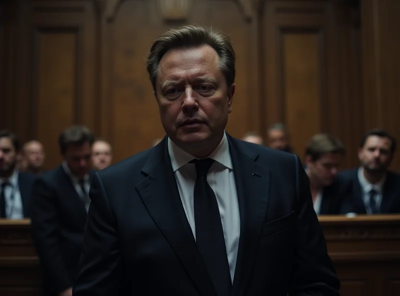 Elon Musk standing in a courtroom, looking concerned.